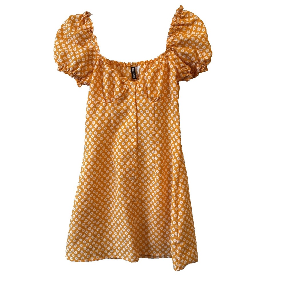 H&M Orange Floral Puff Sleeve Babydoll Milkmaid Dress Womens XS Cottagecore Boho